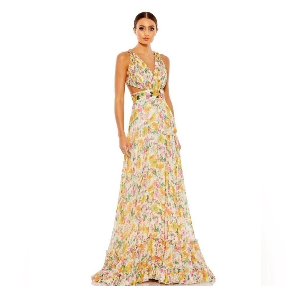 MAC DUGGAL Nude Multi Floral Print Cut Out Lace Tiered Gown